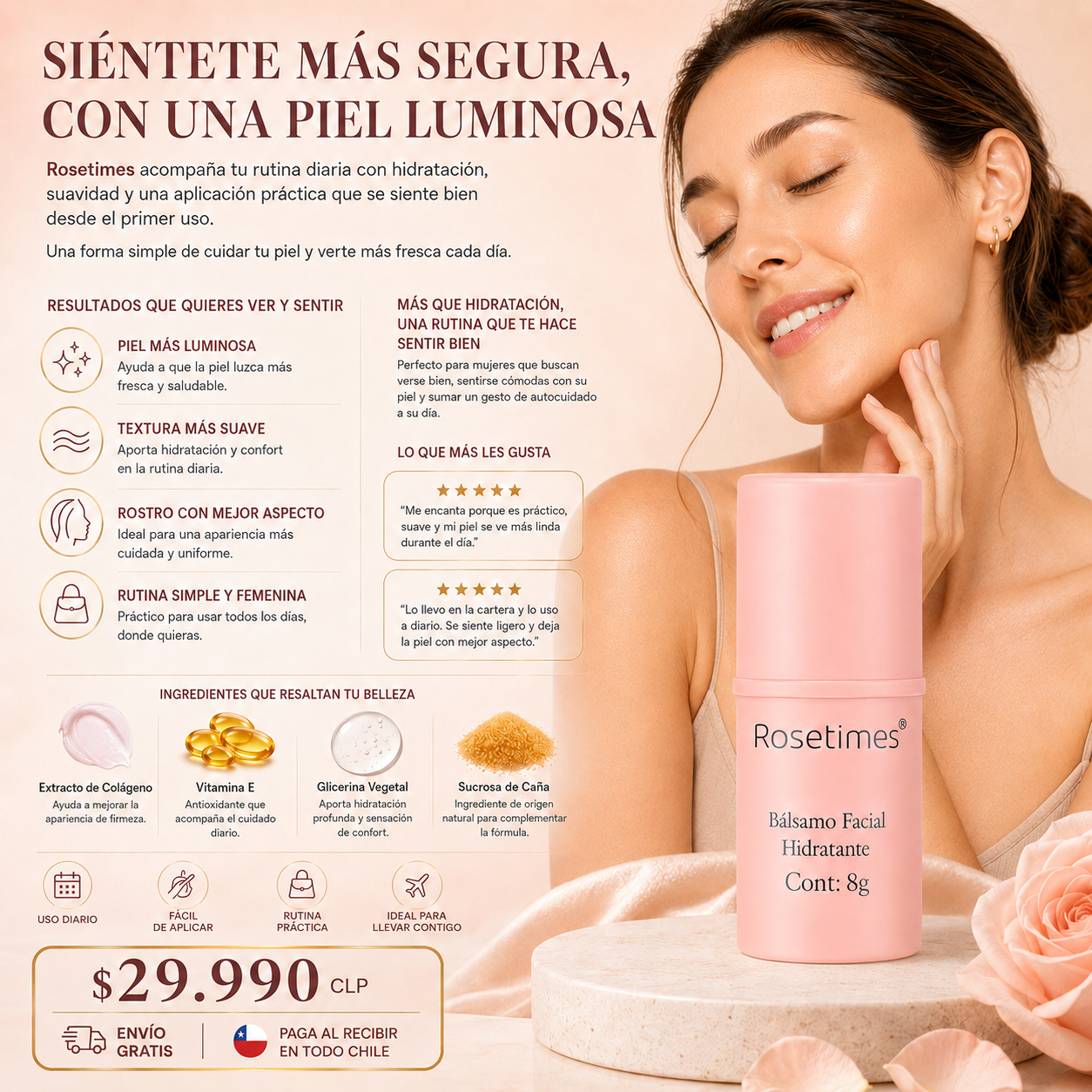 LumiSkin™ Bálsamo Facial Hidratante Antiarrugas Rosetimes