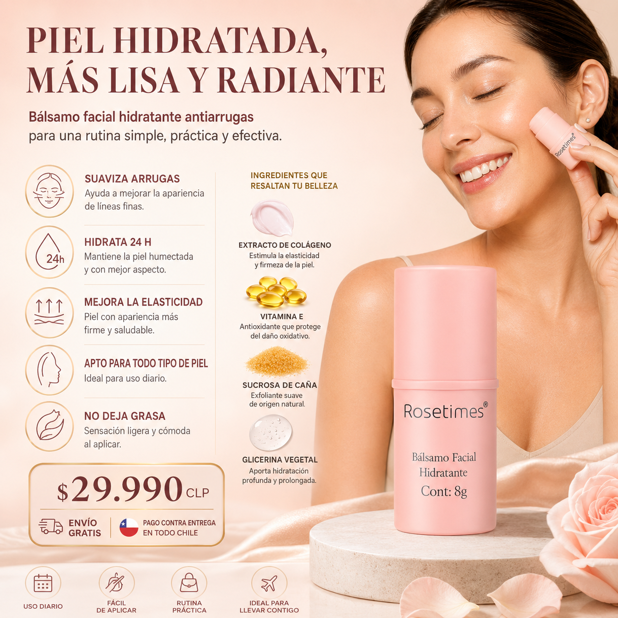 LumiSkin™ Bálsamo Facial Hidratante Antiarrugas Rosetimes